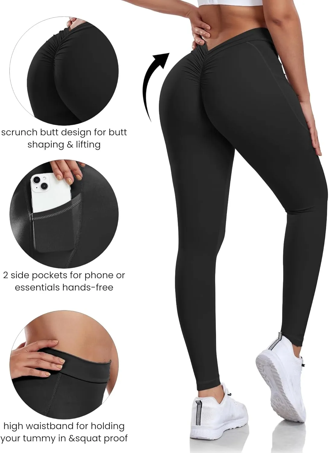 V Back Scrunch Butt Leggings for Women with Pocket Butt Lifting Leggings Tummy Control Booty Lifting Leggings