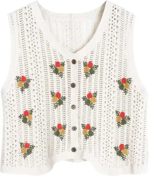 Vintage Crocheted Embroidery Knitted Vest for Women Hollow Sleeveless Cardigans V Neck Button-Down Knitwear Tops