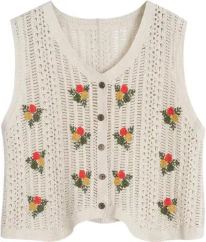 Vintage Crocheted Embroidery Knitted Vest for Women Hollow Sleeveless Cardigans V Neck Button-Down Knitwear Tops