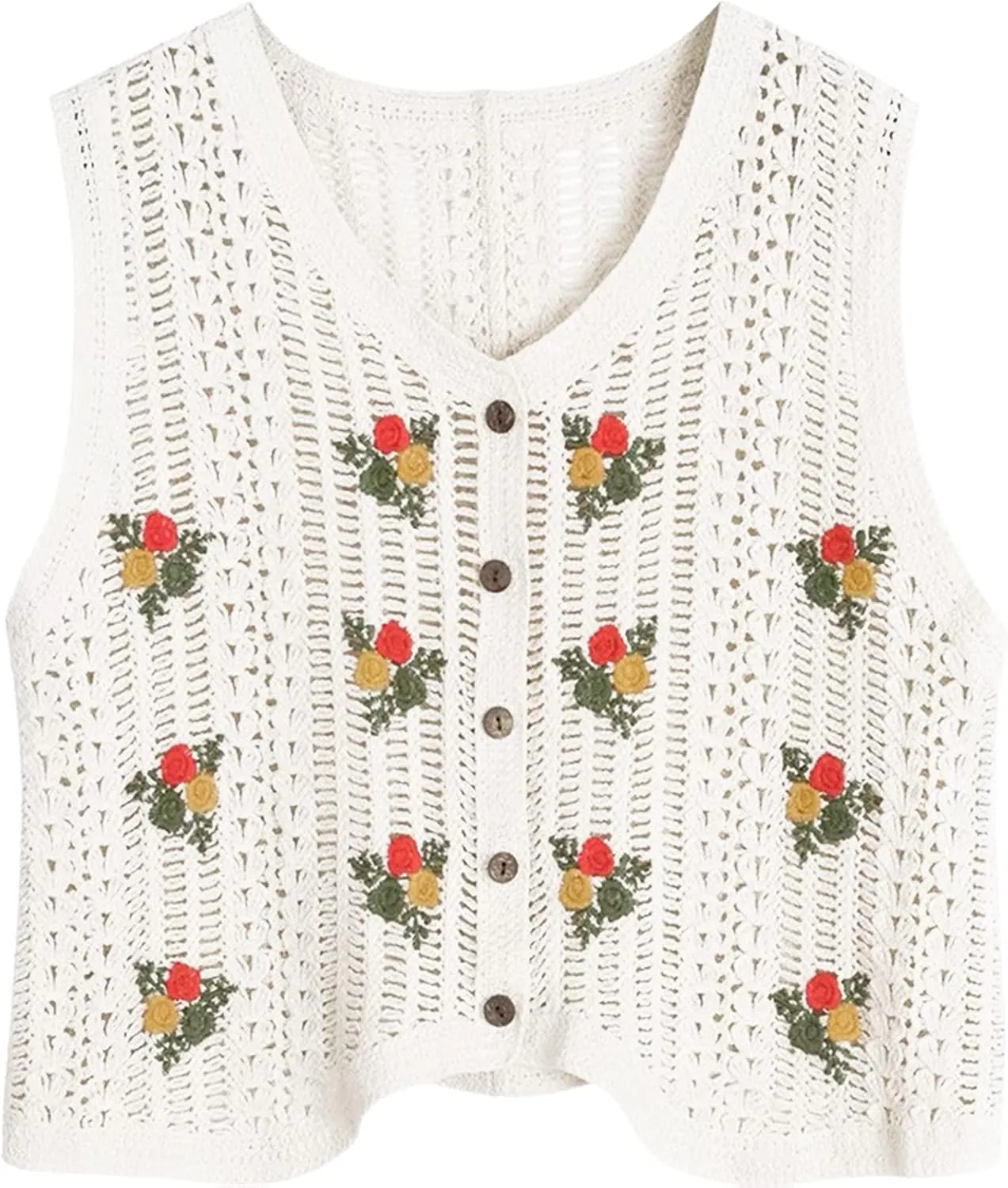 Vintage Crocheted Embroidery Knitted Vest for Women Hollow Sleeveless Cardigans V Neck Button-Down Knitwear Tops