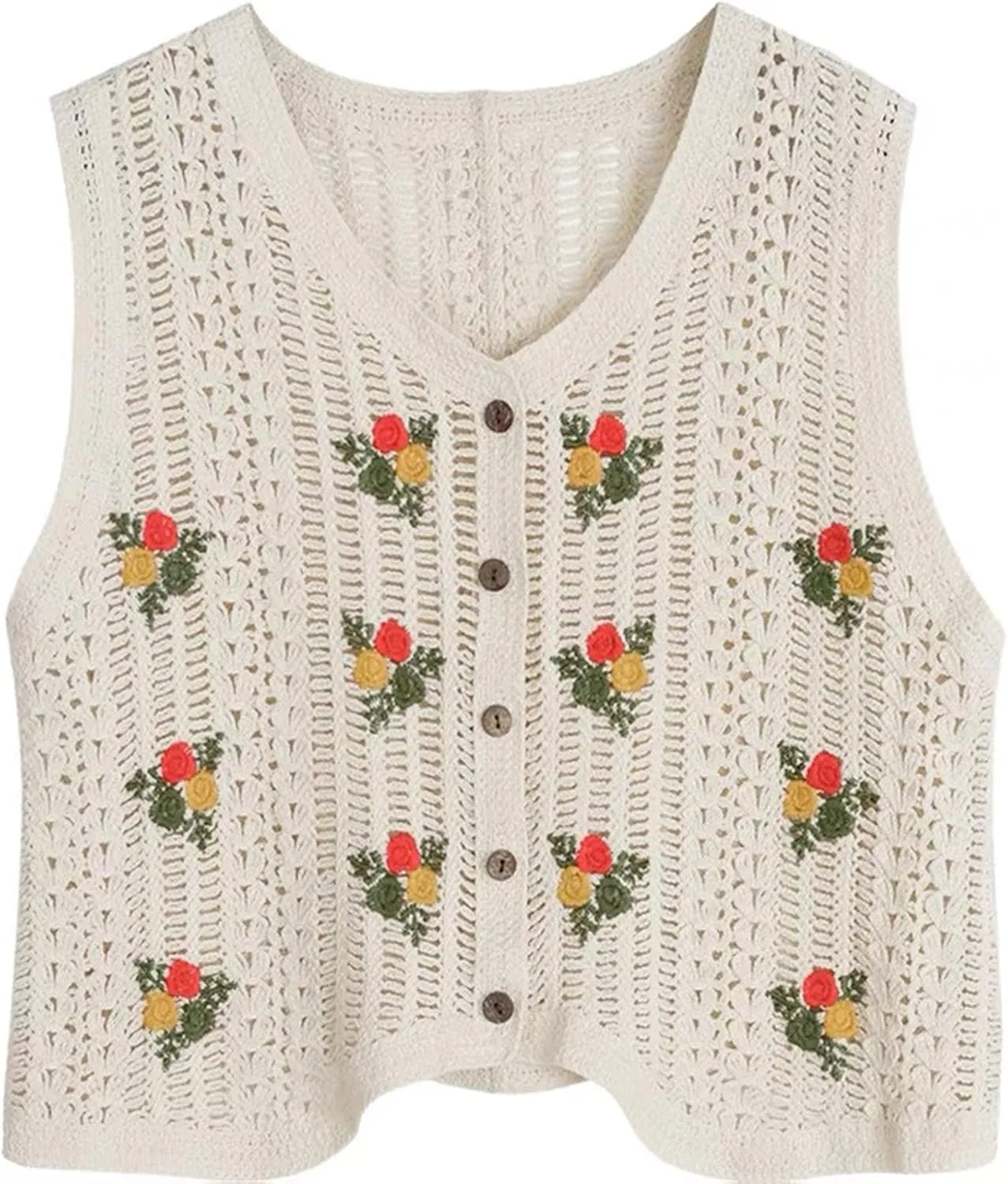 Vintage Crocheted Embroidery Knitted Vest for Women Hollow Sleeveless Cardigans V Neck Button-Down Knitwear Tops