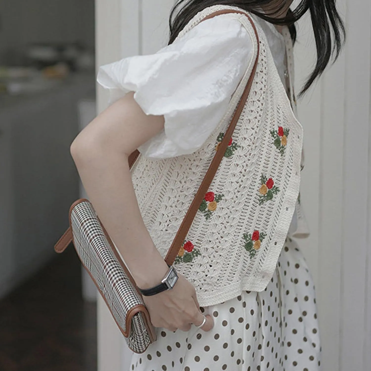 Vintage Crocheted Embroidery Knitted Vest for Women Hollow Sleeveless Cardigans V Neck Button-Down Knitwear Tops