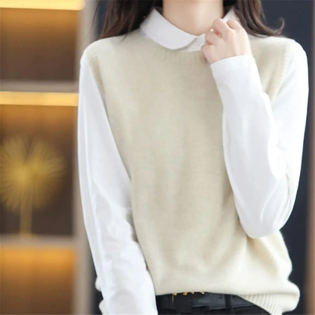 Vsadsau Knitwears Women Sweater Vest 100% Merino Wool Knitted Jumpers Sleeveless Crewneck Pullover Sweater