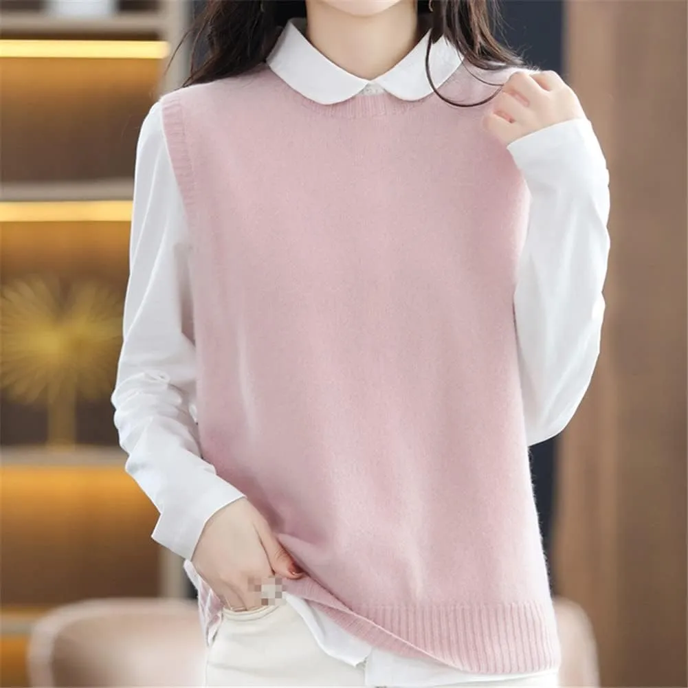 Vsadsau Knitwears Women Sweater Vest 100% Merino Wool Knitted Jumpers Sleeveless Crewneck Pullover Sweater