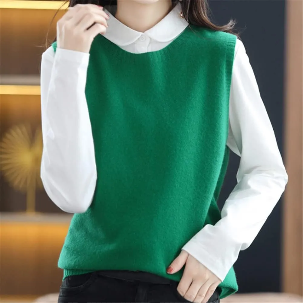 Vsadsau Knitwears Women Sweater Vest 100% Merino Wool Knitted Jumpers Sleeveless Crewneck Pullover Sweater
