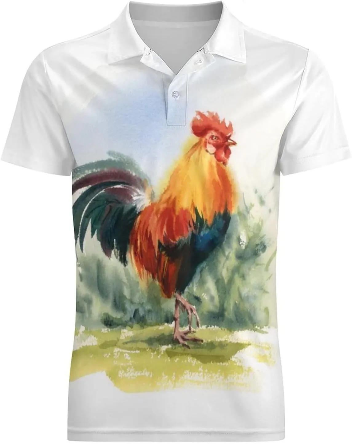 Watercolor Farm Rooster Men's Polo Shirt Short Sleeve Print T Shirt Slim Fit Golf Shirt Collared Tee Casual Top