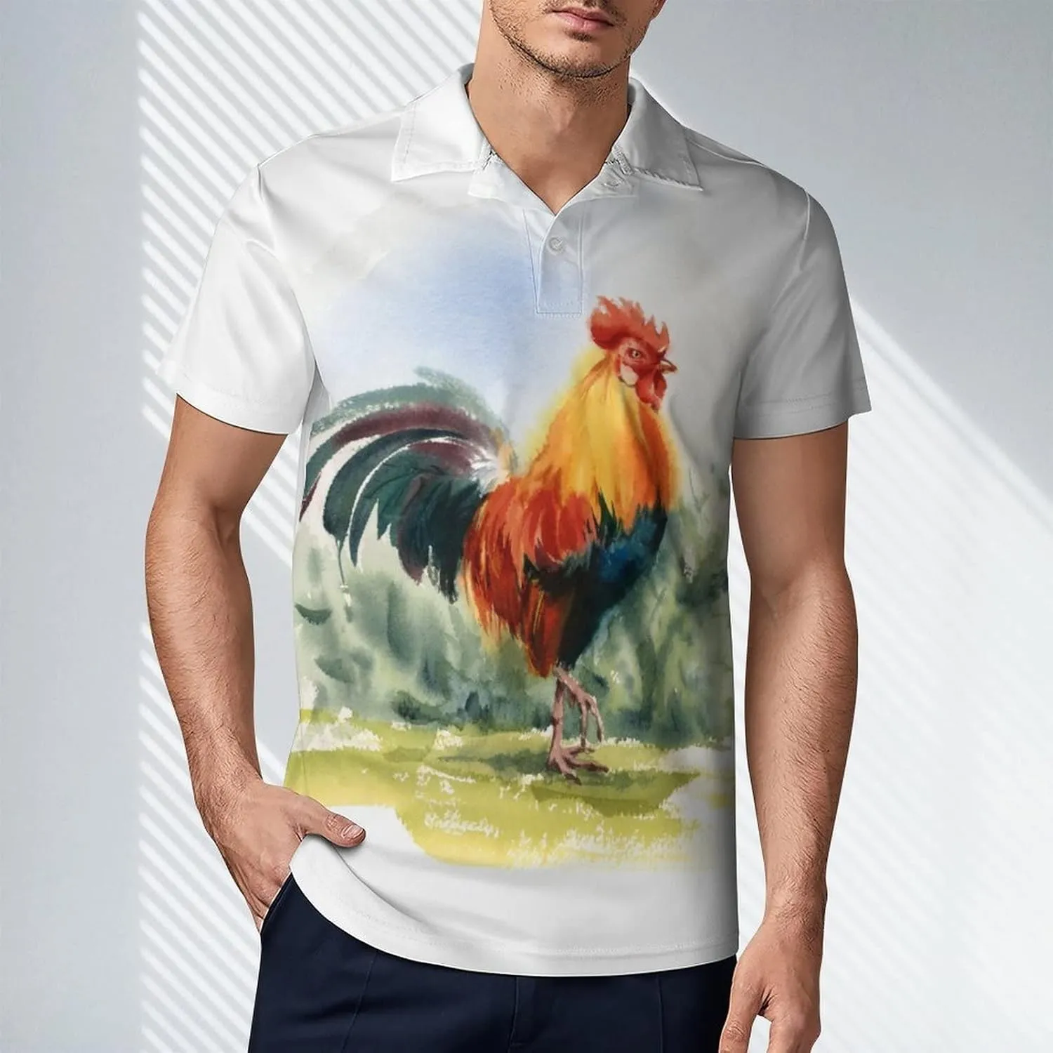 Watercolor Farm Rooster Men's Polo Shirt Short Sleeve Print T Shirt Slim Fit Golf Shirt Collared Tee Casual Top