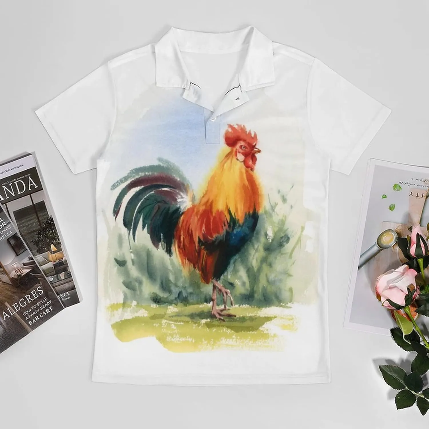 Watercolor Farm Rooster Men's Polo Shirt Short Sleeve Print T Shirt Slim Fit Golf Shirt Collared Tee Casual Top