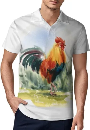 Watercolor Farm Rooster Men's Polo Shirt Short Sleeve Print T Shirt Slim Fit Golf Shirt Collared Tee Casual Top