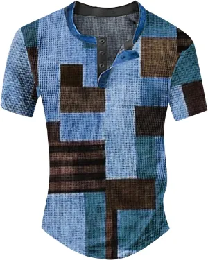 White Shirt Short Sleeved Casual Top Striped Plaid Retro Western Denim Print Button Men's T Shirt Top Mens Golf T