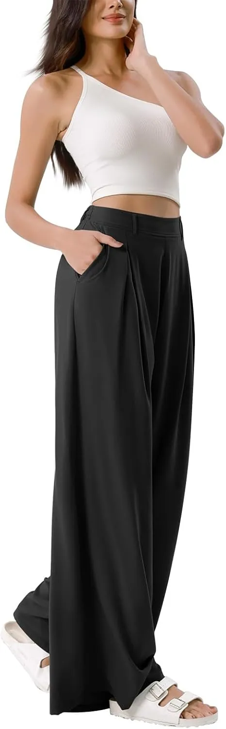 Wide Leg Dress Pants for Women Plus Size Work Pants Comfy Elastic High Waisted Lounge Pants Loose Pull On Dress Pants