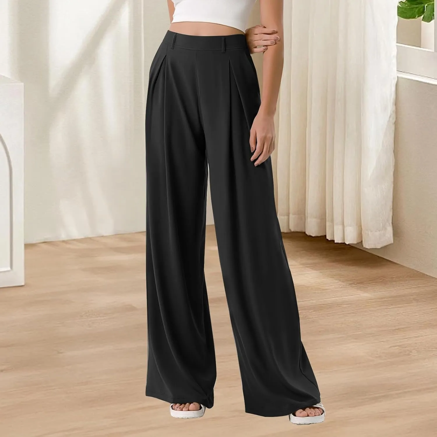 Wide Leg Dress Pants for Women Plus Size Work Pants Comfy Elastic High Waisted Lounge Pants Loose Pull On Dress Pants
