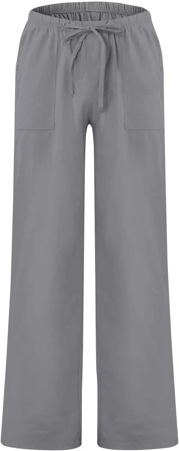 Wide Leg Pants Mens Linen Pants Summer Beach Pants Drawstring Yoga Trousers Casual Baggy Pants Lounge Sweatpants