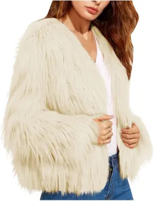 Winter Coats for Women Open Front Faux Fur Fluffy Elegant Cardigan Fall Long Sleeve Outwear Shaggy Warm Jackets
