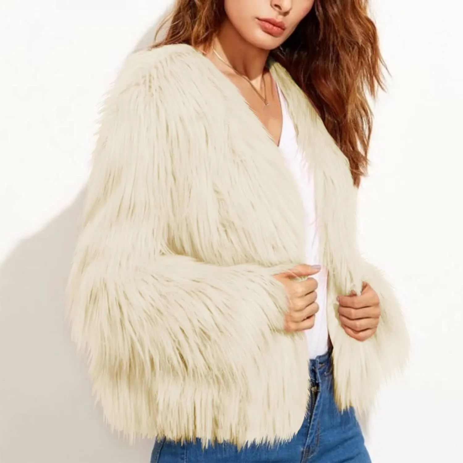 Winter Coats for Women Open Front Faux Fur Fluffy Elegant Cardigan Fall Long Sleeve Outwear Shaggy Warm Jackets