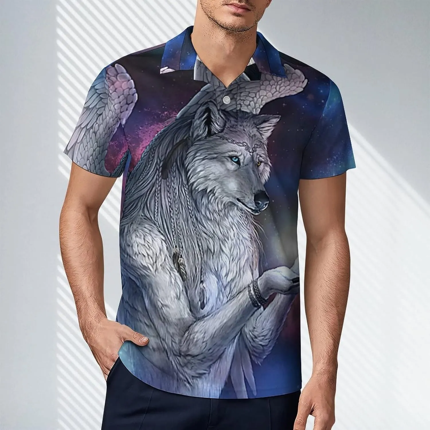 Wolf's Past Men's Polo Shirt Short Sleeve Print T Shirt Slim Fit Golf Shirt Collared Tee Casual Top