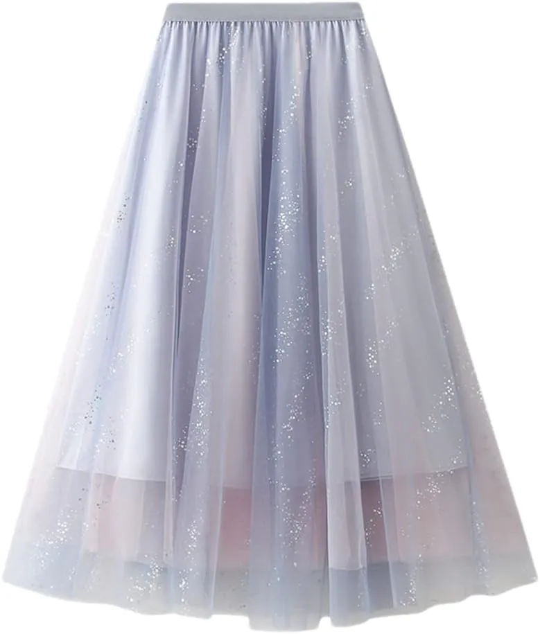 Women A Line Long Tulle Skirt Mesh Midi Pleated Skirts