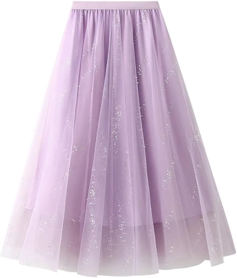 Women A Line Long Tulle Skirt Mesh Midi Pleated Skirts