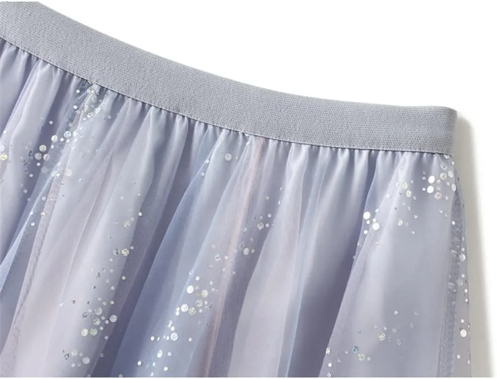 Women A Line Long Tulle Skirt Mesh Midi Pleated Skirts