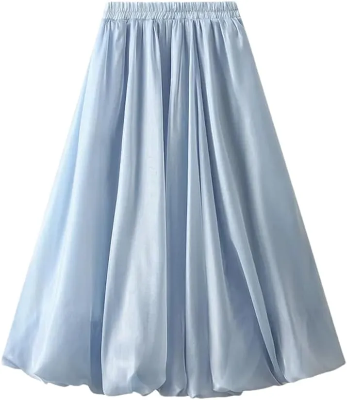 Women A-Line Midi Long Skirt Tulle Party Elastic Waist Skirts A-Line Mid-Calf Skirt
