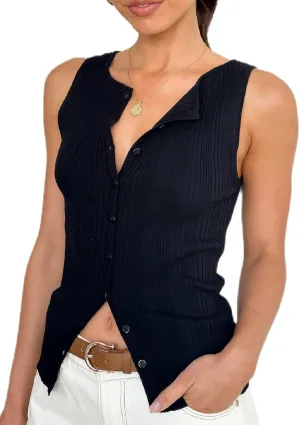 Women Button Down Tank Vest Casual Slim Fit Sleeveless Ribbed Knit Shirt Y2k Skinny Going Out Crewneck Tank Crop Top