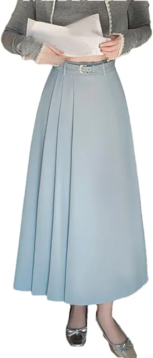 Women Casual Lightweight Thin Pleated Skirt with Belt Office Midi Skrit Big Swing Casual Skirts