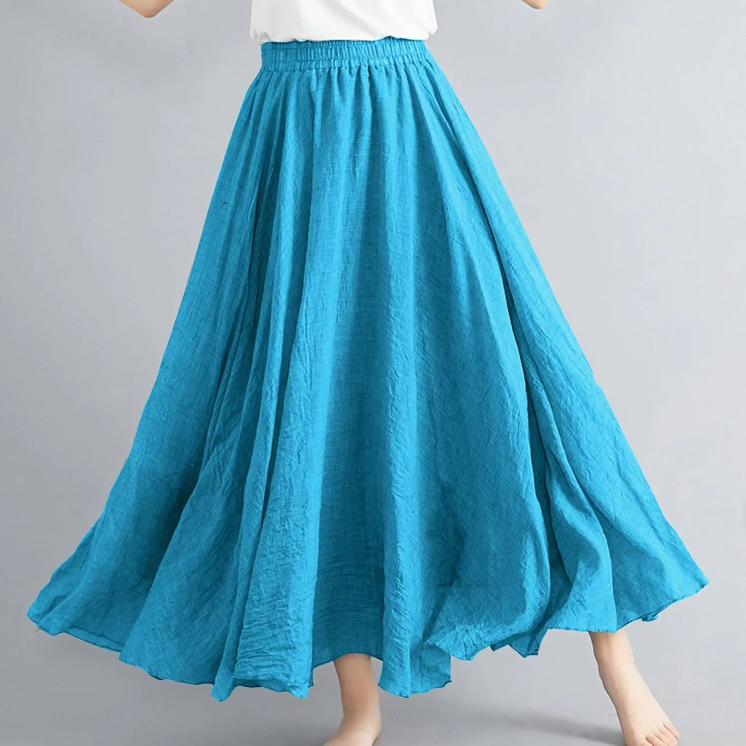 Women Casual Maxi Skirt Flowy Plus Size Elastic Waist High Waisted Swing Hem Swing Solid Color A Line Skirts
