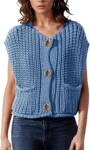 Women Crochet Chunky Knit Vest Gold Button Down Cropped Sleeveless Sweater Cardigan with Pocket