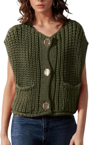 Women Crochet Chunky Knit Vest Gold Button Down Cropped Sleeveless Sweater Cardigan with Pocket