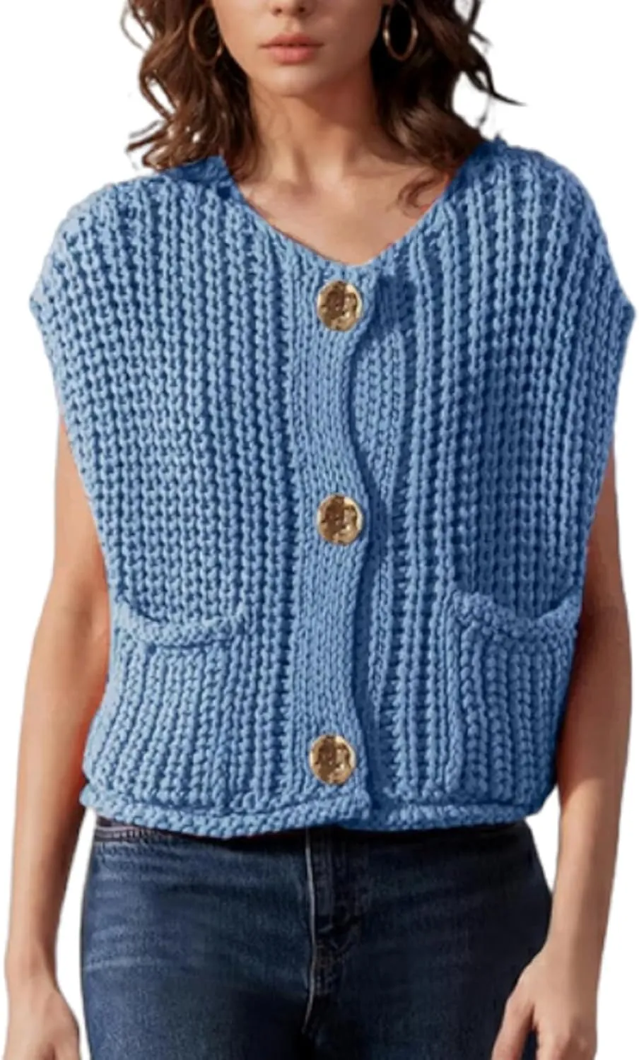 Women Crochet Chunky Knit Vest Gold Button Down Cropped Sleeveless Sweater Cardigan with Pocket