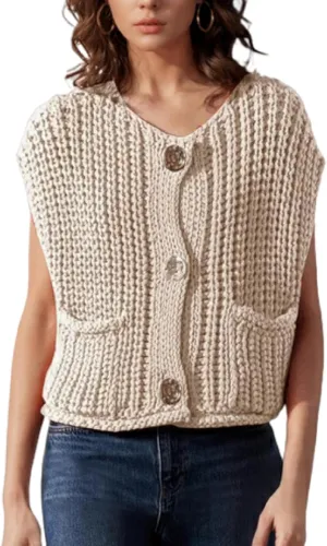 Women Crochet Chunky Knit Vest Gold Button Down Cropped Sleeveless Sweater Cardigan with Pocket