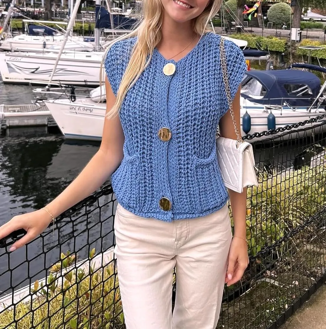 Women Crochet Chunky Knit Vest Gold Button Down Cropped Sleeveless Sweater Cardigan with Pocket