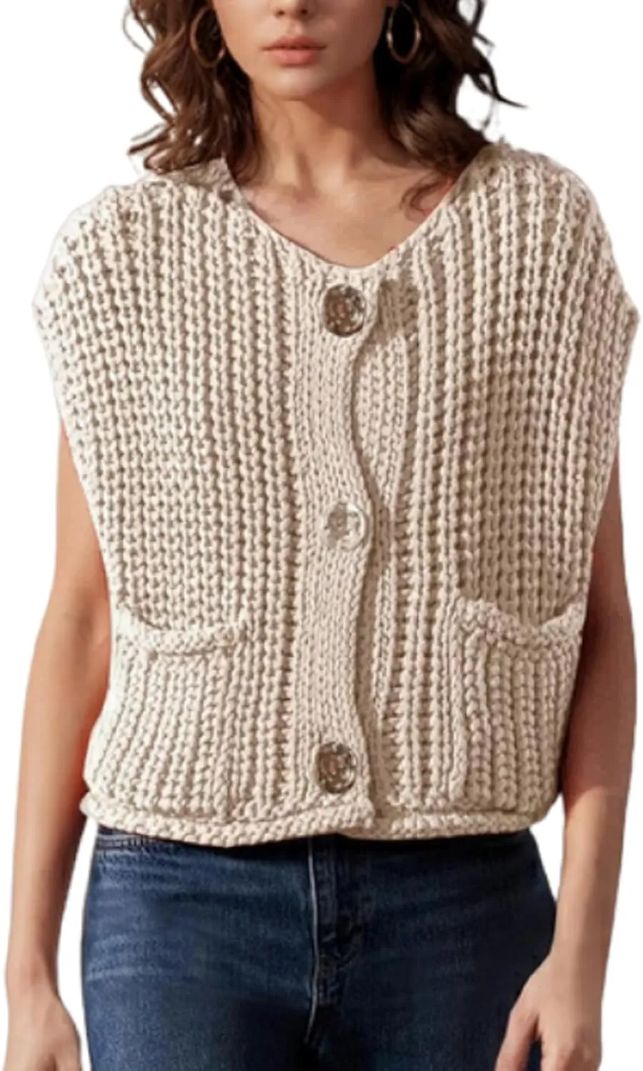 Women Crochet Chunky Knit Vest Gold Button Down Cropped Sleeveless Sweater Cardigan with Pocket