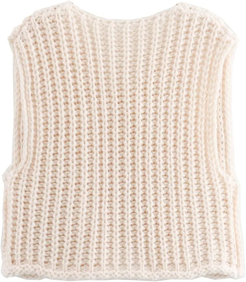 Women Crochet Knit Chunky Sweater Vest Button Down Sleeveless Knitted Crop Top Short Cardigan Vest with Pockets