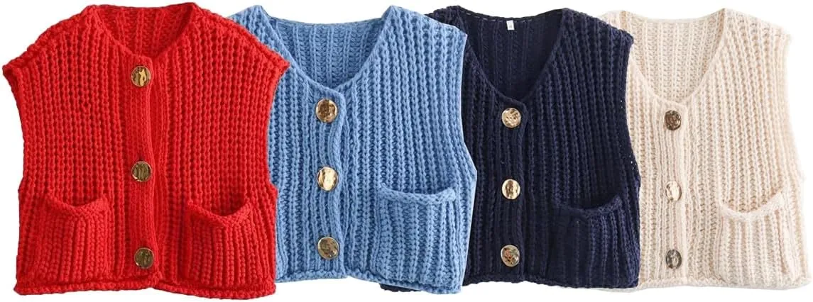 Women Crochet Knit Chunky Sweater Vest Button Down Sleeveless Knitted Crop Top Short Cardigan Vest with Pockets