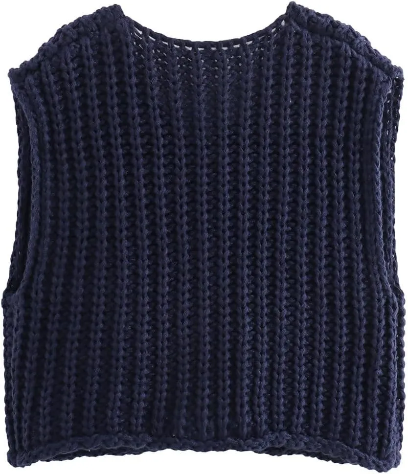 Women Crochet Knit Chunky Sweater Vest Button Down Sleeveless Knitted Crop Top Short Cardigan Vest with Pockets