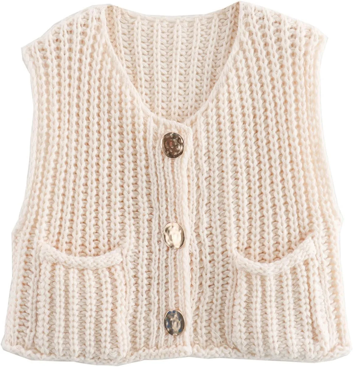 Women Crochet Knit Chunky Sweater Vest Button Down Sleeveless Knitted Crop Top Short Cardigan Vest with Pockets