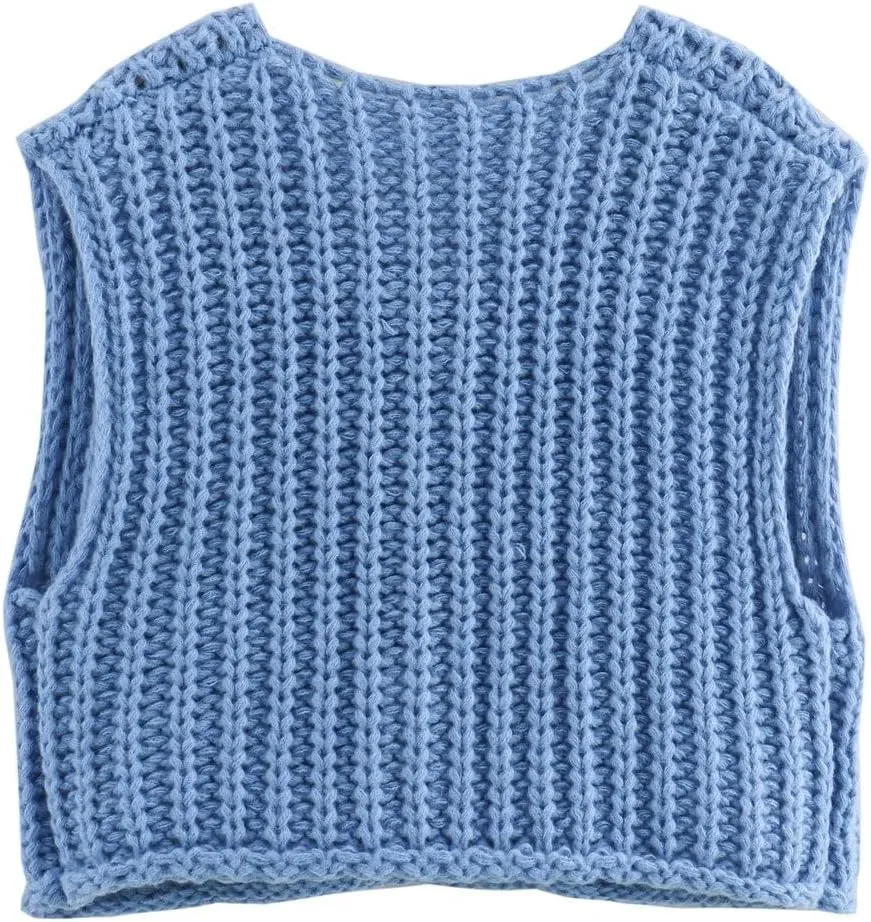 Women Crochet Knit Chunky Sweater Vest Button Down Sleeveless Knitted Crop Top Short Cardigan Vest with Pockets