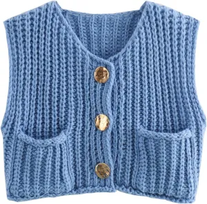 Women Crochet Knit Chunky Sweater Vest Button Down Sleeveless Knitted Crop Top Short Cardigan Vest with Pockets