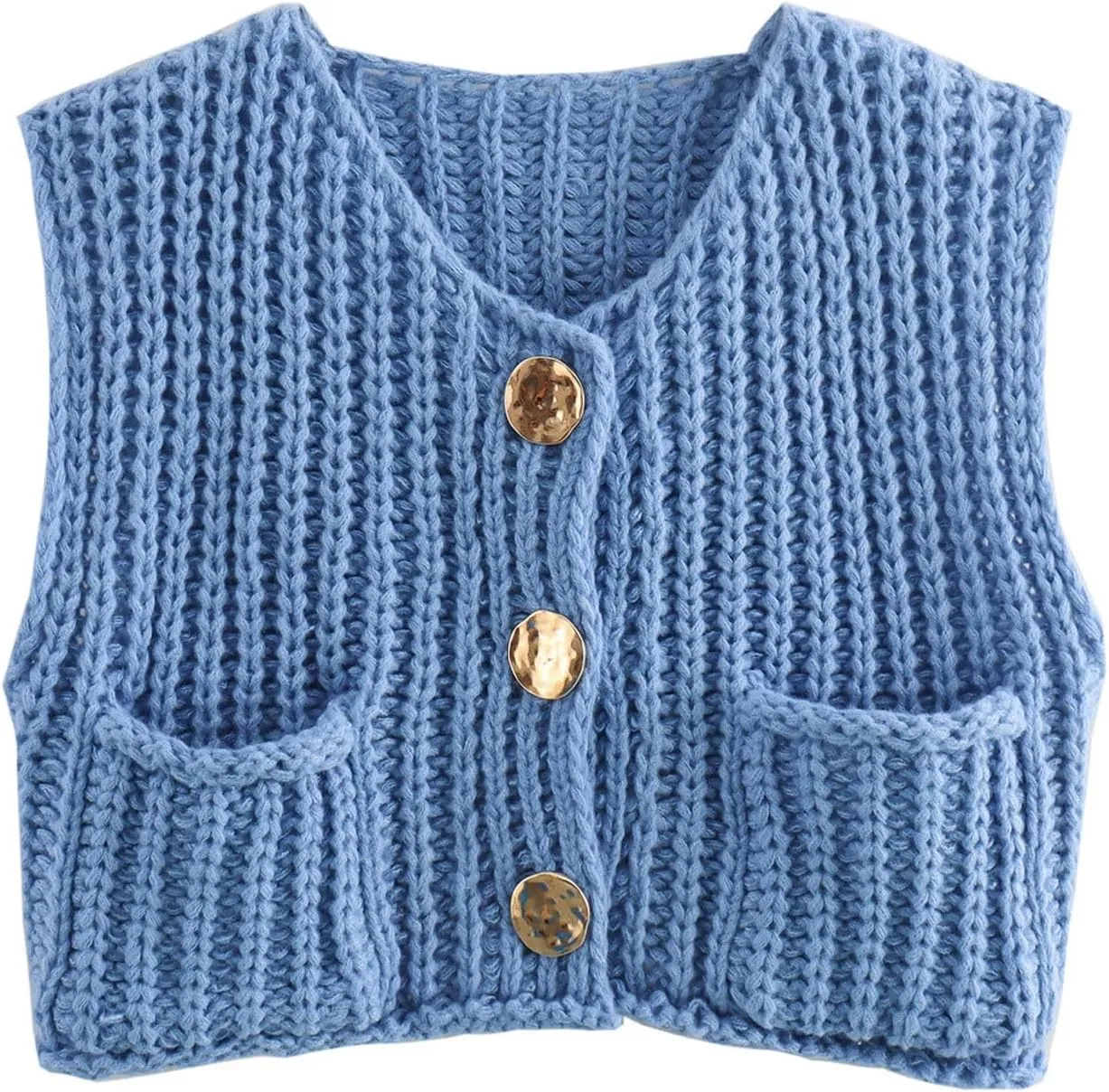 Women Crochet Knit Chunky Sweater Vest Button Down Sleeveless Knitted Crop Top Short Cardigan Vest with Pockets