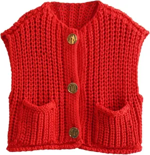 Women Crochet Knit Chunky Sweater Vest Button Down Sleeveless Knitted Crop Top Short Cardigan Vest with Pockets