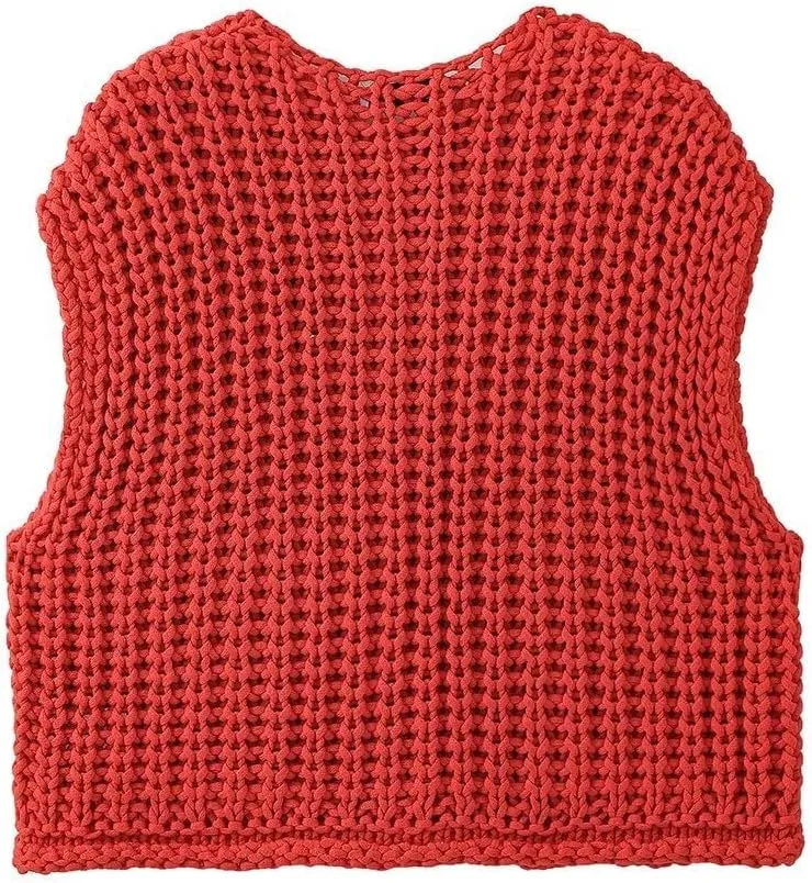 Women Crochet Knit Chunky Sweater Vest Button Down Sleeveless Knitted Crop Top Short Cardigan Vest with Pockets