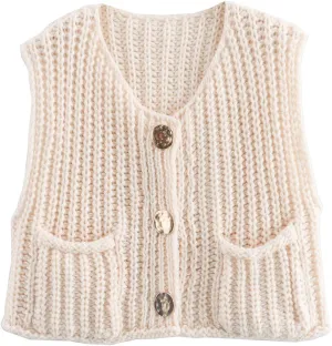 Women Crochet Knit Chunky Sweater Vest Button Down Sleeveless Knitted Crop Top Short Cardigan Vest with Pockets