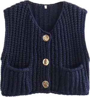 Women Crochet Knit Chunky Sweater Vest Button Down Sleeveless Knitted Crop Top Short Cardigan Vest with Pockets