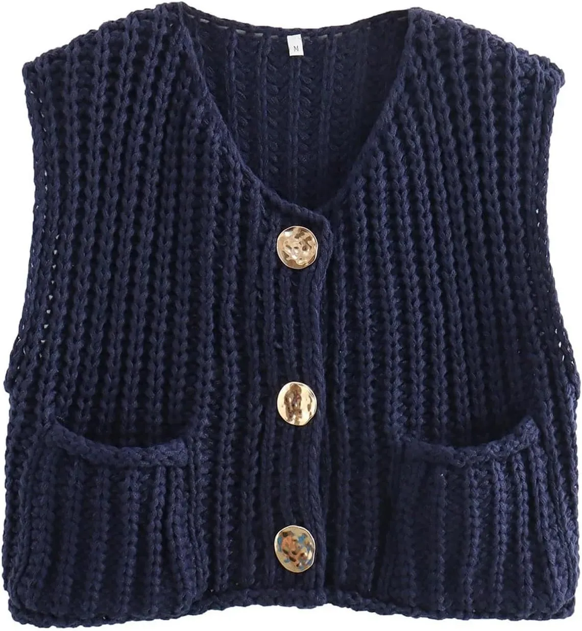 Women Crochet Knit Chunky Sweater Vest Button Down Sleeveless Knitted Crop Top Short Cardigan Vest with Pockets