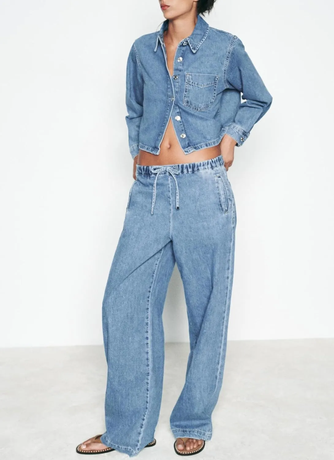 Women Crop Denim Jacket Shacket Long Sleeve Jean Shirt Lapel Collar Denim Shirt Blouse