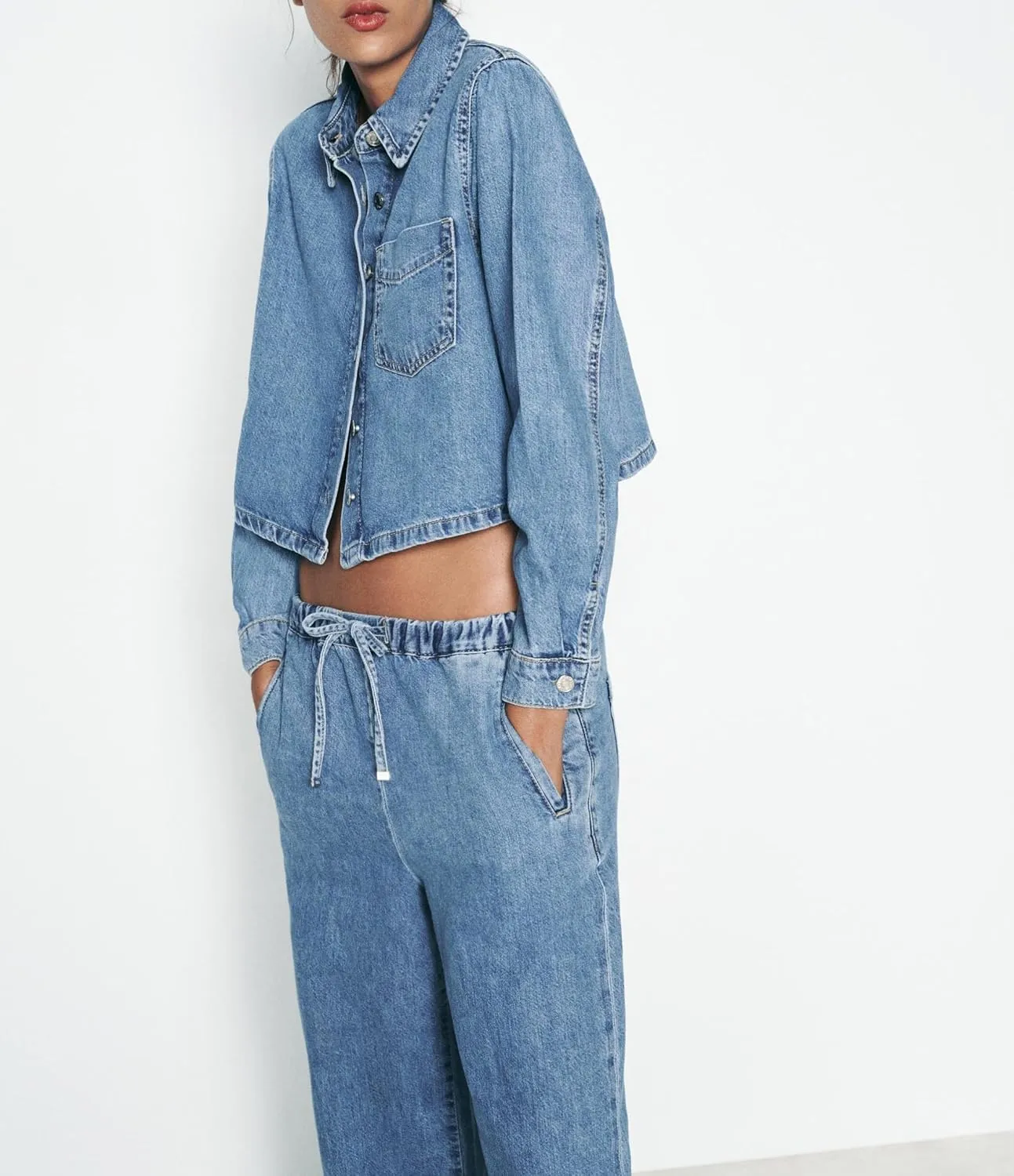 Women Crop Denim Jacket Shacket Long Sleeve Jean Shirt Lapel Collar Denim Shirt Blouse