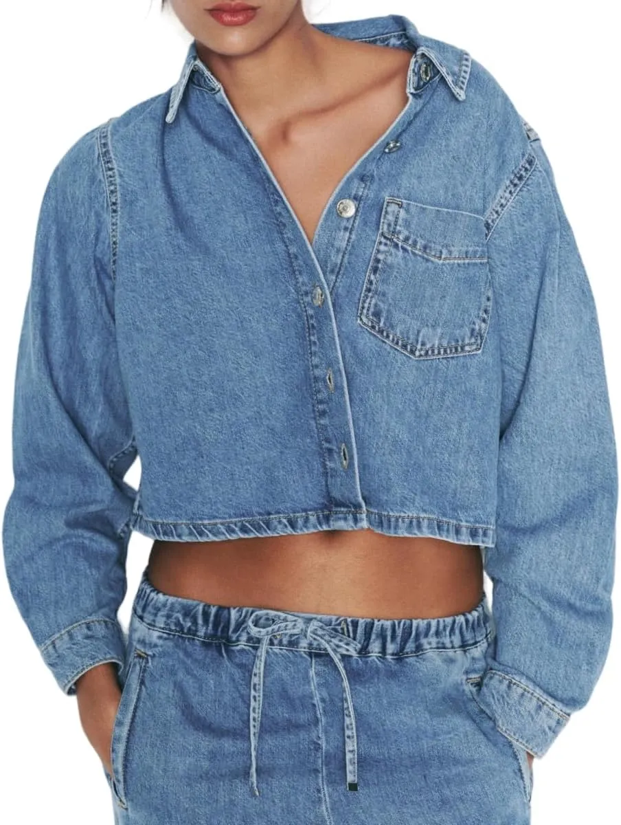 Women Crop Denim Jacket Shacket Long Sleeve Jean Shirt Lapel Collar Denim Shirt Blouse