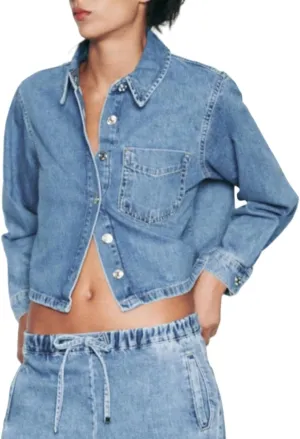 Women Crop Denim Jacket Shacket Long Sleeve Jean Shirt Lapel Collar Denim Shirt Blouse