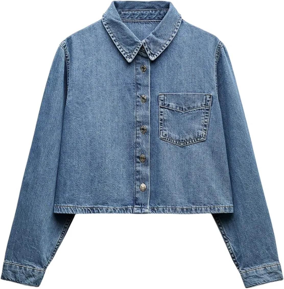 Women Crop Denim Jacket Shacket Long Sleeve Jean Shirt Lapel Collar Denim Shirt Blouse